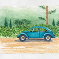 volkswagen beetle painting wall decor original blue beetle vw auto painting original watercolor painting 5x7"