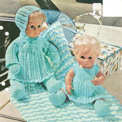 8-Piece Baby Doll Wardrobe Clothes Knitting Pattern Dress Leggings Bonnet Leggings Blanket Coat Instant Download PDF