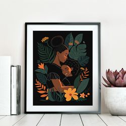 Black mom hugs daughter among tropical leaves and flowers printable poster, melanin art, african american art, digital