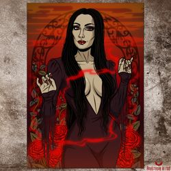 Morticia Addams inspired gothic art print. Gothic home decor. Dark art wall decor. Dark fantasy poster