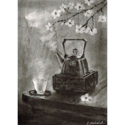 sakura blossoms. still life with teapot and cup. original oil painting 15x11''