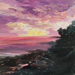 Sea, Sunset. Oil Landscape, Oil Painting, Sun over the Sea, Original Painting