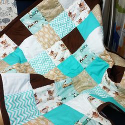 Custom baby blanket in mint-brown color, quilt kids and baby blanket, patchwork weighted blanket kids, cozy blanket