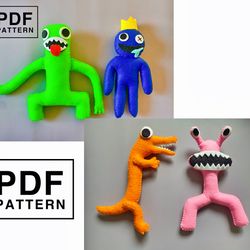 PDF Pattern Rainbow Friends set of 4 (Blue, green, orange, pink). DIY toy sewing pattern and tutorial. Great DIY gift.
