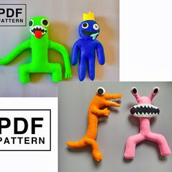 pdf pattern rainbow friends set of 4 (blue, green, orange, pink). diy toy sewing pattern and tutorial. great diy gift.