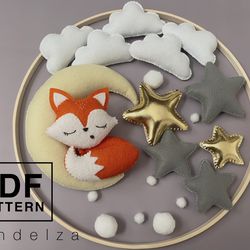 Fox on the moon set PDF Pattern and instructions step by step. Easy sewing pattern. DIY baby mobile toy/ plush.