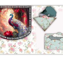 perfect peacocks junk journal kit, ephemera printable kit, uk. magic paper, pockets, labels, tags, scrap paper pages,