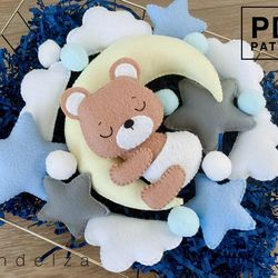set of 4 baby bear sleeping on the moon pdf pattern. diy baby bear, moon, star, cloud. easy pattern. baby mobile toy.