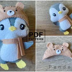 Penguin with bear hat PDF Pattern. DIY softy plushie felt toy/ doll/ animal. Easy pattern with tutorial. Baby mobile toy