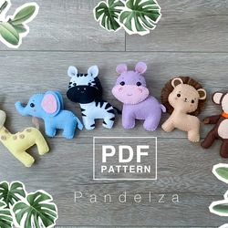 Jungle animals set felt PDF Pattern. DIY hand sewing felt stuffed toy animals collection. Ornament/ baby mobile pattern