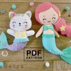 Mermaid girl and cat PDF Pattern. Hand sewing felt stuffed doll. DIY softy plush doll. Easy pattern with tutorial.