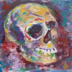 Skull Oil Painting Original Skeleton Artwork On Canvas 12x12 Inches