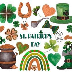 Watercolor St Patricks Day clipart, Green day png, Clovers, Rainbow, Hearts, Shamrock clip art, St Patty's Day Graphics