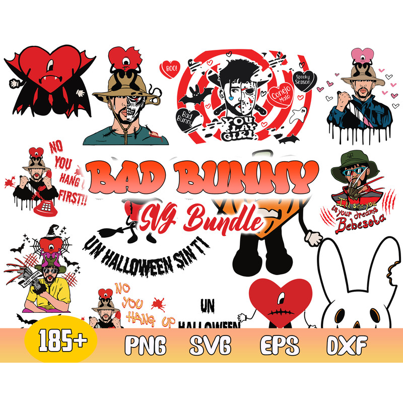 Bad Bunny Halloween Bundle Svg, Bunny Horror Svg, Un Halloween Sin Ti Svg, Png Dxf Eps .jpg