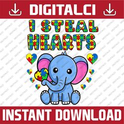 I Steal Hearts Autism Awareness Elephant Puzzle Piece PNG Sublimation Design
