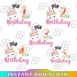 unicorn birthday bundle png, unicorn birthday girl png, birthday numbers with unicorn face printable