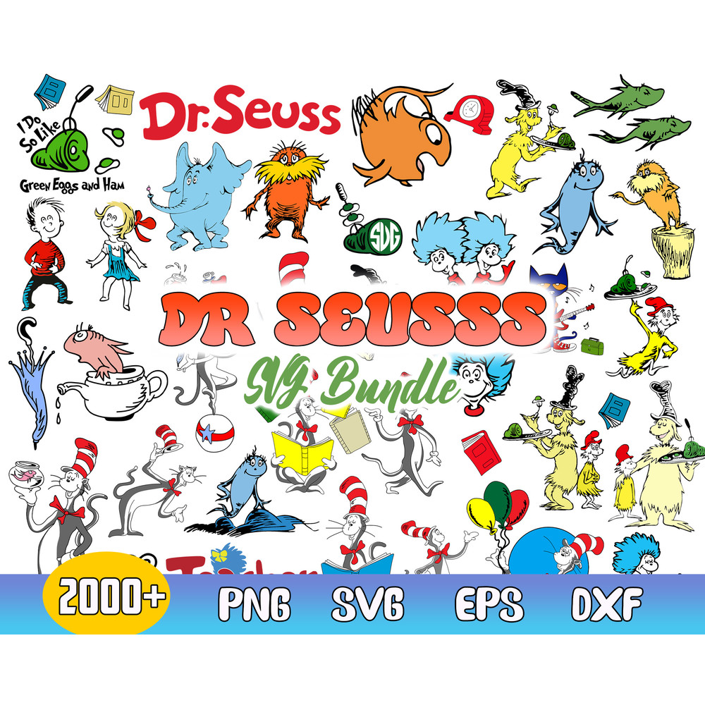 Dr. Seuss Bundle Svg, Dr. Seuss Hat Svg, Cat In The Hat Svg, The Lorax Svg, Instant Download .jpg
