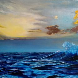 Seascape oil painting sunset sea painting 27*31 inch sea wave art