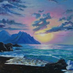 sunset at sea painting sea waves art 27*31 inch seascape oil painting