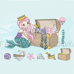 mermaid treasures cartoon girl travel vector illustration set