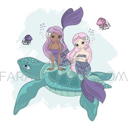 mermaid turtle cartoon tropical animal vector illustration set