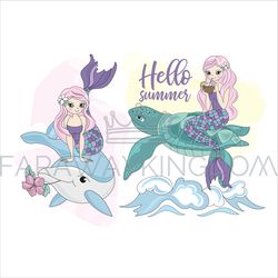 mermaid turtle dolphin cruise travel vector illustration set