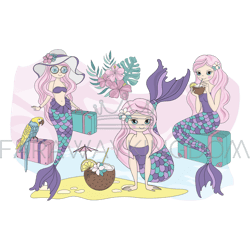 mermaid vacation journey cruise girl vector illustration set