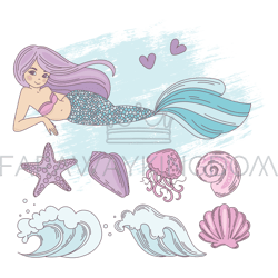 mermaid wave cartoon travel tropical vector illustration set
