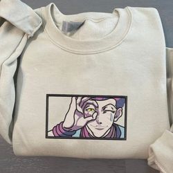 hisoka embroidered crewneck, hunter x hunter embroidered sweatshirt, inspired embroidered manga anime hoodie