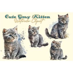 Cute Gray Kitten Watercolor Clipart