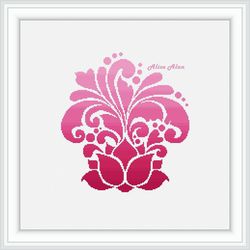 Cross stitch pattern flower Lotus silhouette aroma monochrome pink curls aura ethnic India counted crossstitch patterns