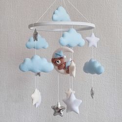 Bear baby crib mobile boy, Moon and stars nursery decor, baby shower gift, pregnancy gift, personalized newborn gift