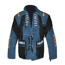 Western Native Indian American Cowboy Blue Suede Leather Fringes Beads Coat