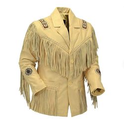 Western Native Indian American Cowboy Cream Leather Fringes Beads Coat