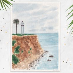 Lighthouse painting Seascape watercolor Sea painting Original watercolor painting California painting 5x7