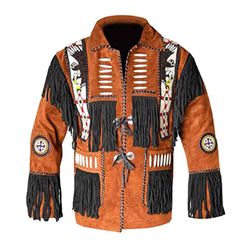 Western Native Indian American Cowboy Gold Brown Suede Leather Black Fringes Beads Coat