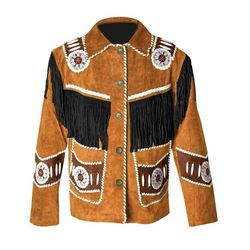 Western Native Indian American Cowboy Tan Brown Suede Leather Fringes Beads Coat