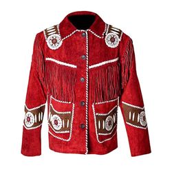 Western Native Indian American Cowboy Red Suede Leather Fringes Beads Coat