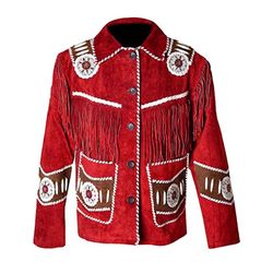 western native indian american cowboy red suede leather fringes beads coat