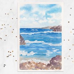 Rocks painting Seascape rocky coastline Original watercolor painting Seashore painting Painted postcard 4x6