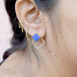 Double Sided Earring, Square Ear Jacket Earrings, Lapis Lazuli Earrings Women, Silver Earrings Minimalist Jewelry  Gift