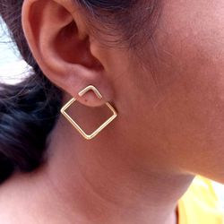 Gold Ear Jacket Earrings Stud, Square Minimalist Earrings, Silver Handmade Earrings, Front Back Double Sided Earrings