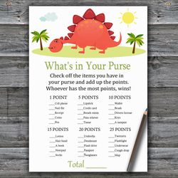 Red Dinosaur What's in your purse game,Dinosaur Baby shower games printable,Fun Baby Shower Activity,Instant Download370