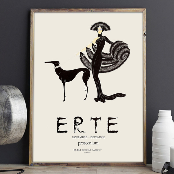 Erte  - Original Vintage Art Deco Style Exhibition Poster Lady And Greyhound Dog 1968.jpg
