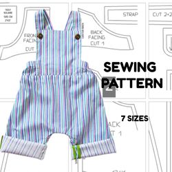 Romper for children pdf pattern for child to fit from 3 month to 3 year, child overalls, children toddler overalls