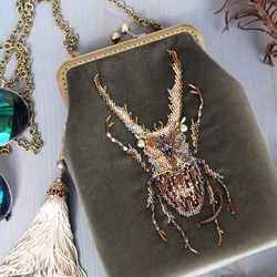Golden Stage Beetle Beads Embroidery Velvet Crossbody Mini Bag