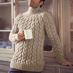 Men's aran cable sweater with a high collar. Wool. Size Options XXS-7X