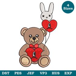 Bad Bunny Bear With Heart Machine Embroidery Design File 4 Sizes, Heart Embroidery, Love Embroidery, Bear Embroidery