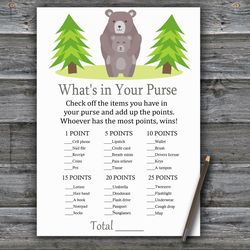 Bear What's in your purse game,Woodland Baby shower games printable,Fun Baby Shower Activity,Instant Download-368
