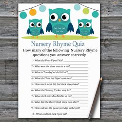 Owl Nursery rhyme quiz baby shower game card,Owl Baby shower game printable,Fun Baby Shower Activity,Instant Download367